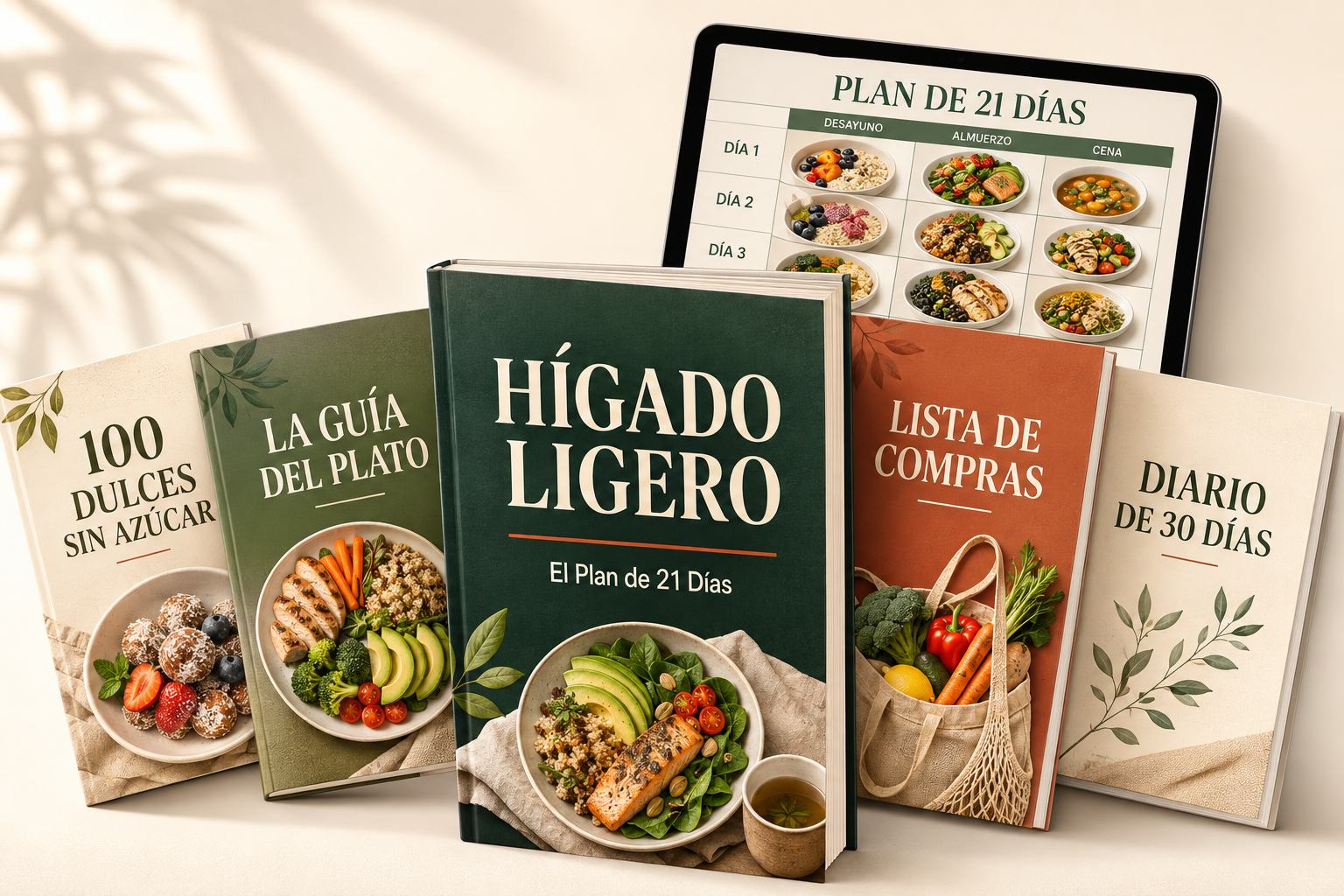Colección de guías Hígado Ligero: cinco portadas de libro apiladas, la principal en verde oscuro con el título Hígado Ligero.