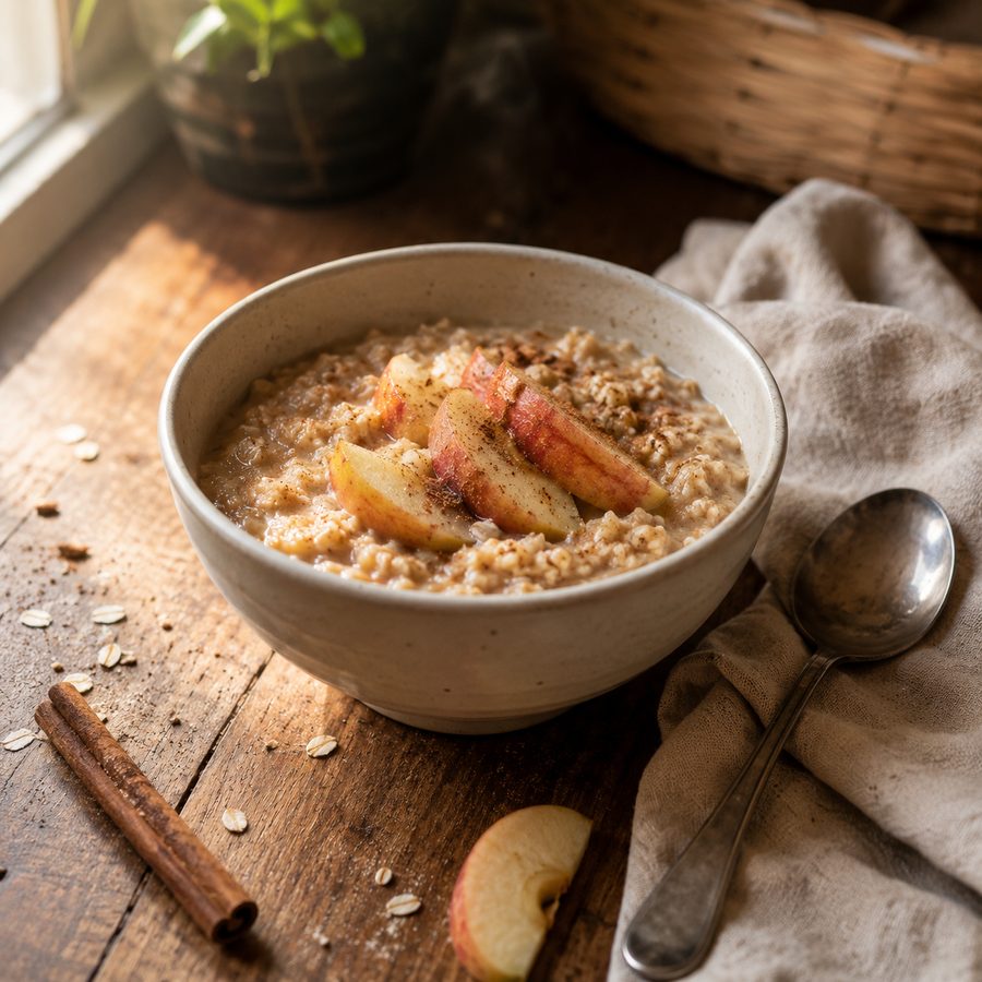 Bol de avena con rodajas de manzana y canela sobre una mesa de madera.