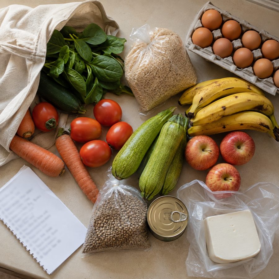 Compra de mercado vista desde arriba: espinaca, tomates, zanahorias, plátanos, huevos, arroz y lentejas.