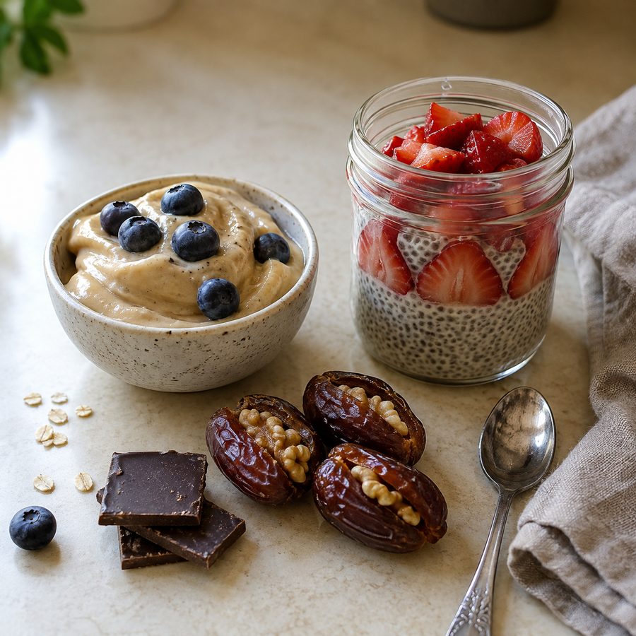 Postres sin azúcar añadida: helado de plátano con arándanos, pudín de chía con fresas, dátiles rellenos y chocolate oscuro.