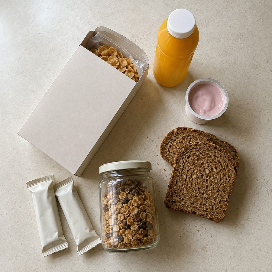 Productos de supermercado: cereal, jugo, yogur, pan integral y granola.