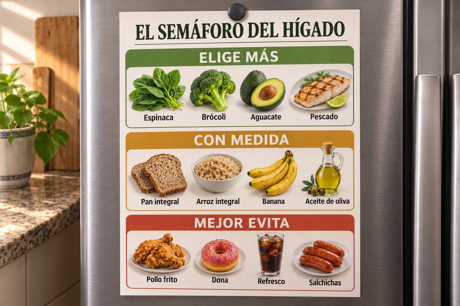 Hoja impresa El Semáforo del Hígado sujeta con un imán en la puerta de un refrigerador de acero, con tres bandas de colores.