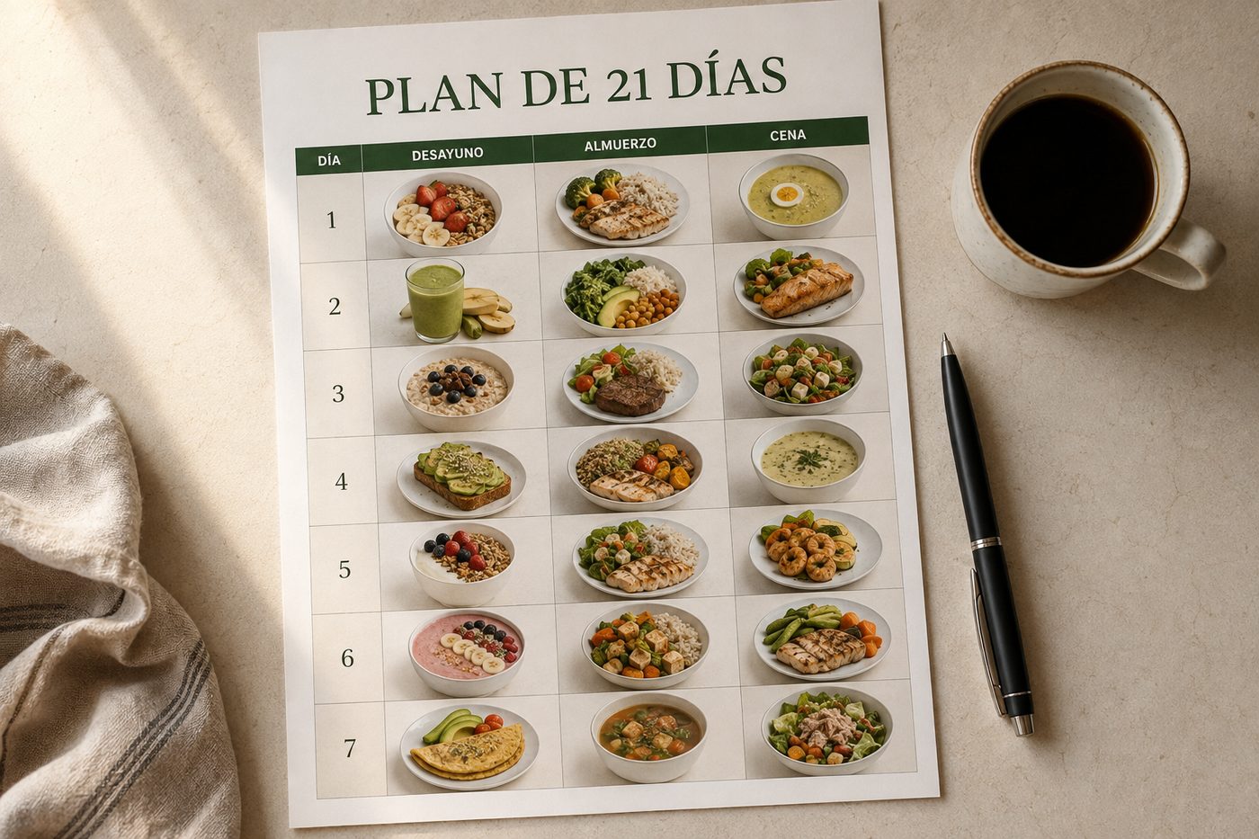 Página impresa del plan de 21 días sobre una encimera color crema, junto a una taza de café y un bolígrafo.